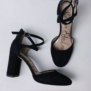SAM EDELMAN size 6 Simmons Black Genuine Leather Suede Block Heel Pump Sandal